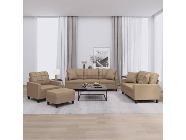 HEFZGDB 4-TLG. Sofagarnitur mit Kissen Cappuccino-Braun Kunstleder Langlebig Schmutzabweisend Robustes Gestell Bequem Polsterung Vielseitig Hocker Sitzgelegenheit Wohnzimmer Möbel