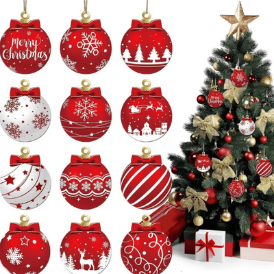 Uplift Curations Red & White Wooden Christmas Ball Ornaments Set With Elk & Snowflake Designs Red & White Wooden Christmas Ball Ornaments Set With Elk & Snowflake Designs