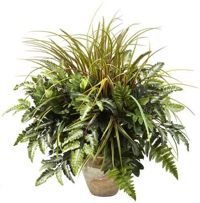 Nearly Natural Mixed Greens and Grass with Ceramic Planter Decorative Plant