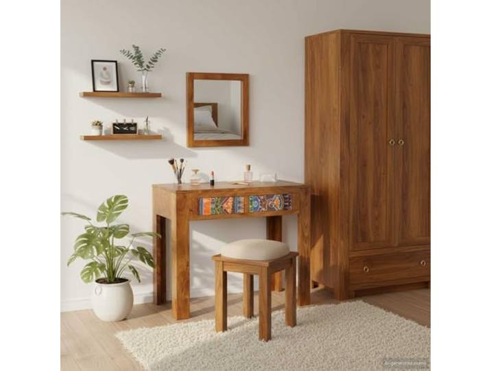 HKQWPBF Schminktisch Braun 90 x 45 x 75 cm Massivholz Akazie mit Spiegel Massivholz Akazie, Schublade mit Ringgriffen, Flügelspiegel, rechteckige Form, moderne Optik
