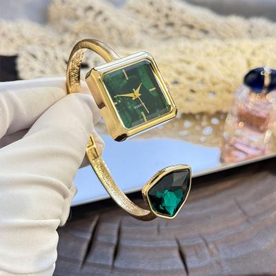 Youfap Market High End Quartz Wristwatch, New Ladies Open Bracelet Watch, Assorted Shaped Diamond Color Gemstone Timepiece green