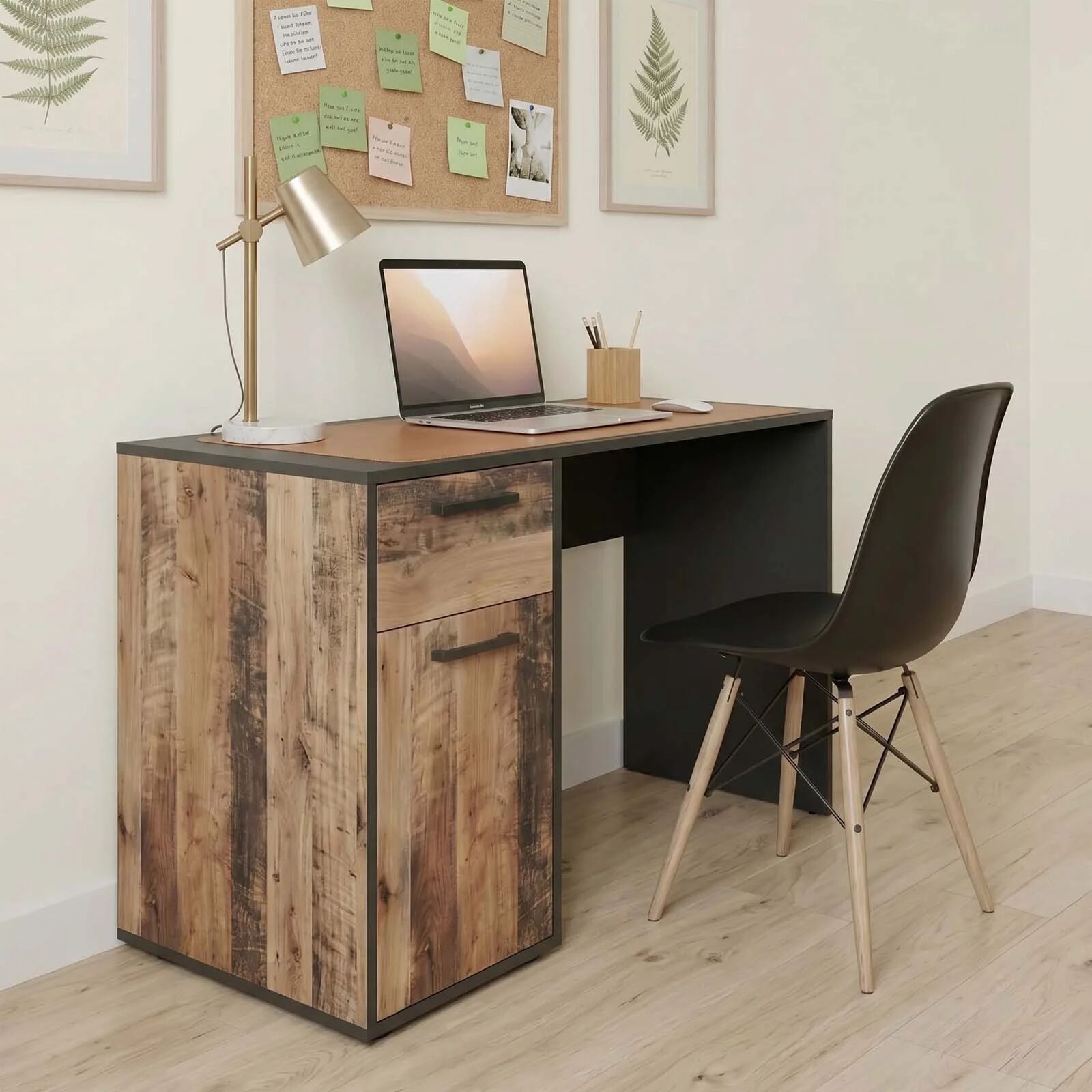 garneroarredamenti Scrivania 130x58cm 1 cassetto 1 anta grafite rovere rustico Fada