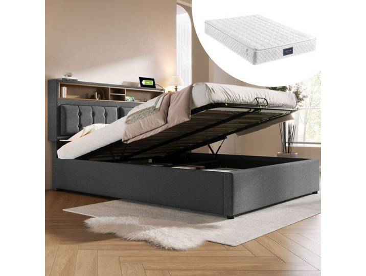 Lit double complet - 140x200cm avec tte de lit rechargeable USB C lit coffre avec matelas gris - HAUSS SPOLE