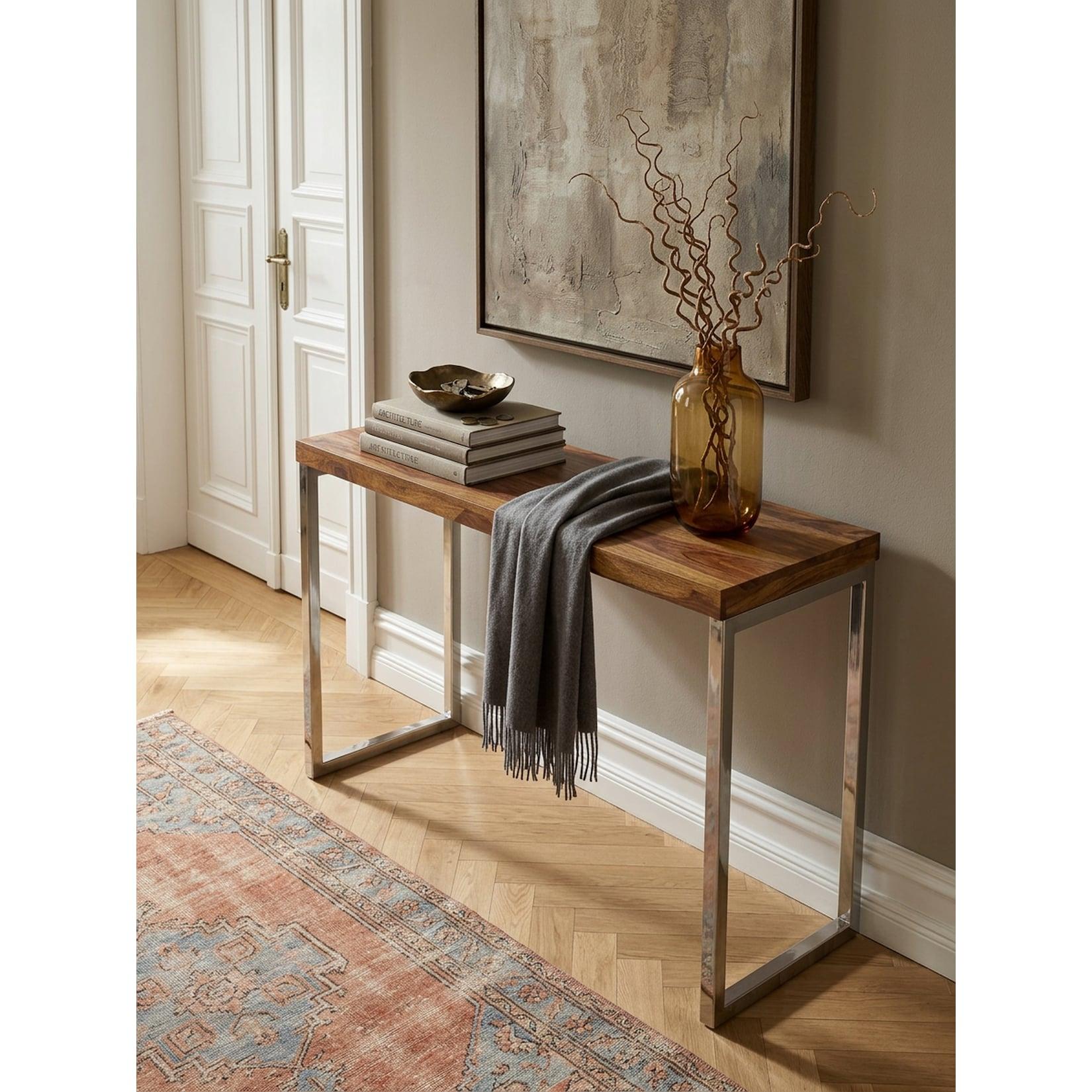 Konsolentisch Massivholz Metallbeine Landhausstil GUNA, Dunkelbraun 45x120x76 cm