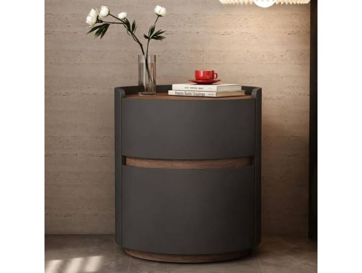 Runder Nachttisch Mit Schublade Kleiner Nachttisch Moderner Stil Leder 2 Schubladen mit verdeckten Griffen Für das Schlafzimmer(Gray 4,45cm/18in)