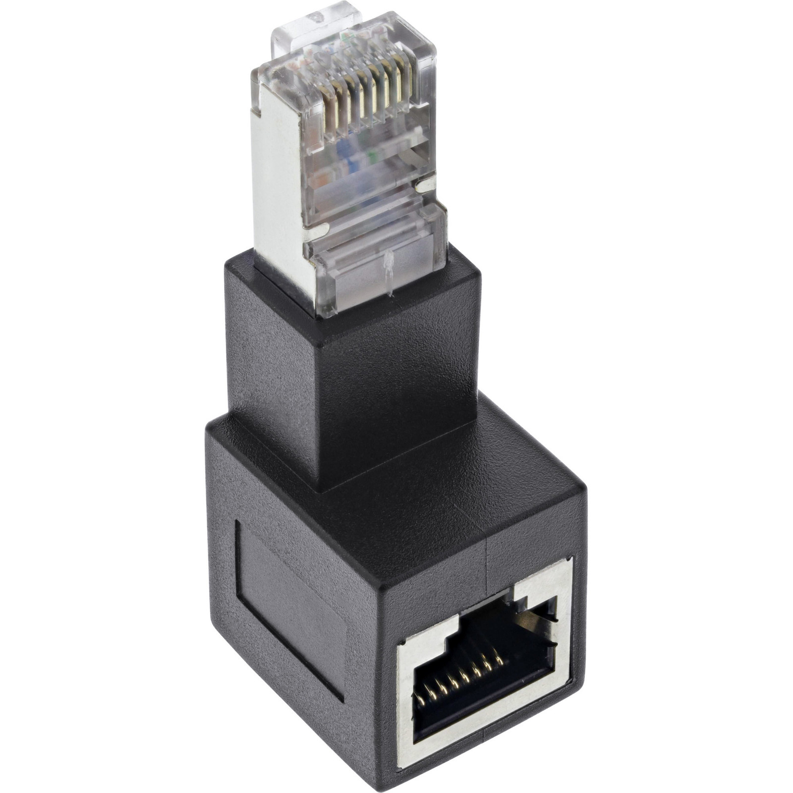 InLine Cat.6A Inline patchkabeladapter met RJ45-connector, 90 graden naar beneden geknikt, zwart