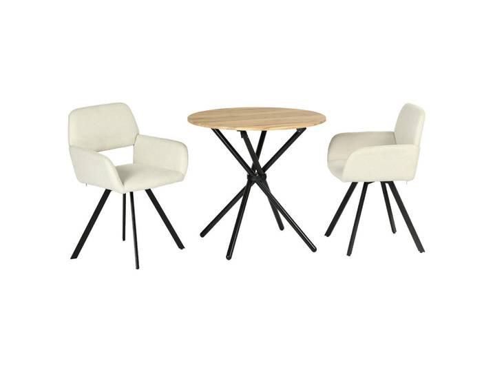 Urban Meuble Esszimmer SET – 1 Tisch + 2 Stühle – Holzoptik & Beige Stoff, Metall, Rund, 80x75x80 cm, Esszimmer, Bänke, Tischgruppen & Eckbankgruppen