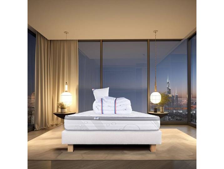 Ensemble matelas Relaxation 26 cm ressorts ensachés ferme réversible+sommier beige ep20cm + oreiller + couette