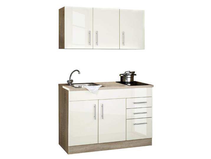 Single-Küchenzeile 120cm Beige/Hochglanz Crema Glaskeramik