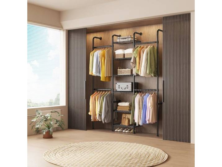 KOIOPLIE Dressing mural industriel en acier carbone portant vêtements modulable 3 tringles extensibles et 6 étagères grillagées