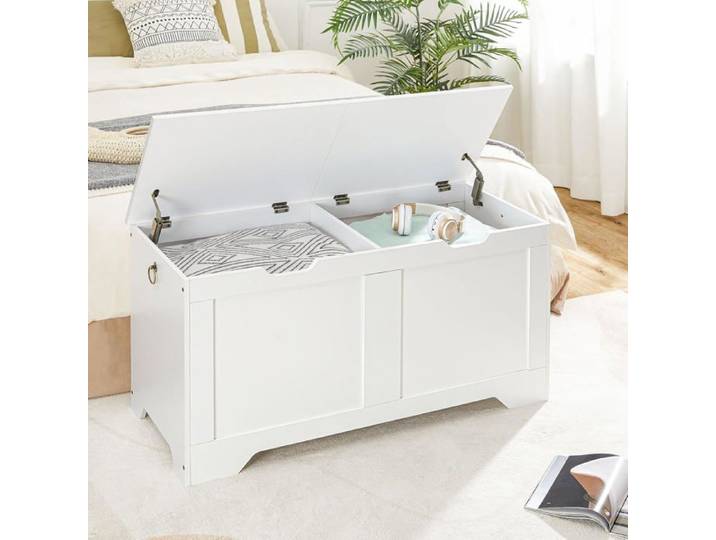 HOOBRO Coffre de Rangement avec 2 Couvercles Banc de Rangement Banc d'Entrée 2 Charnières de Sécurité Meuble Entrée Blanc