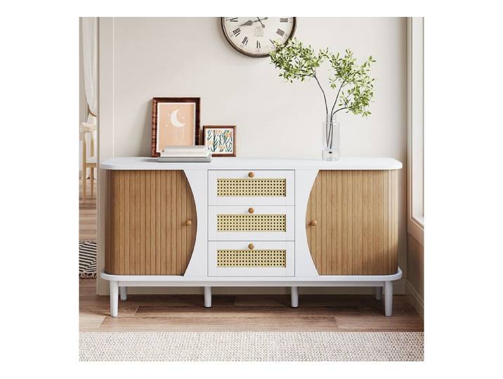 KLAM HOME Sideboard Rattankommode, Kommode mit Schiebetüren, mit verstellbaren Einlegeböden und abgerundeter Platte