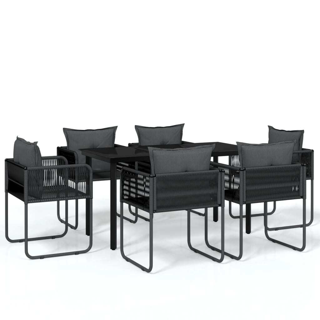 Garten-Essgruppe, für Außenbereich, PE-Rattan, pulverbeschichteter Stahl, Glastisch, 7-teilig, Schwarz, 1 Tisch (140x70x74 cm), 6 Stühle, 6 Kissen