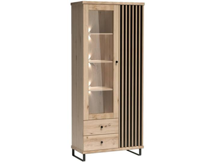 Beautysofa Vitrine Caya mit zwei Türen, zwei Schubladen und LED-Beleuchtung, Eiche Artisan, Metall, 2 Schubladen, 86x201x41 cm, Esszimmer, Vitrinen, Vitrinenschränke