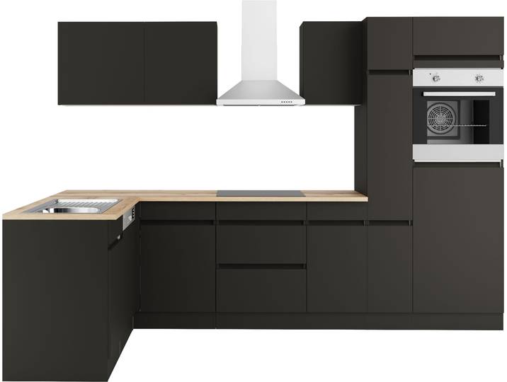 Küchenzeile OPTIFIT Roth , schwarz (küche: grau, front: anthrazit, korpus: anthrazit, arbeitsplatte: wildeiche), B:300cm H:206,8cm T:60cm, Komplettküchen-Sets, Küchenzeile, Stellmaße 300x175 cm, wahlweise mit E-Geräten, mit Apothekerschrank