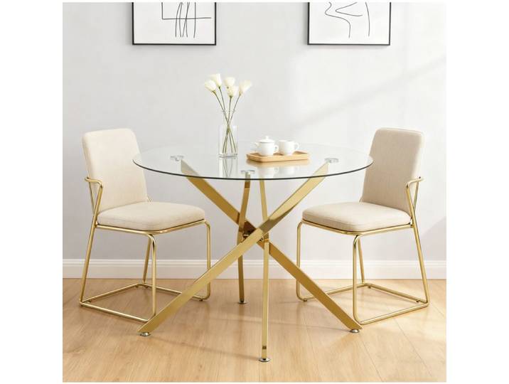 VUENOR table à manger ronde 80 x 80 x 76 cm en verre trempé et métal doré