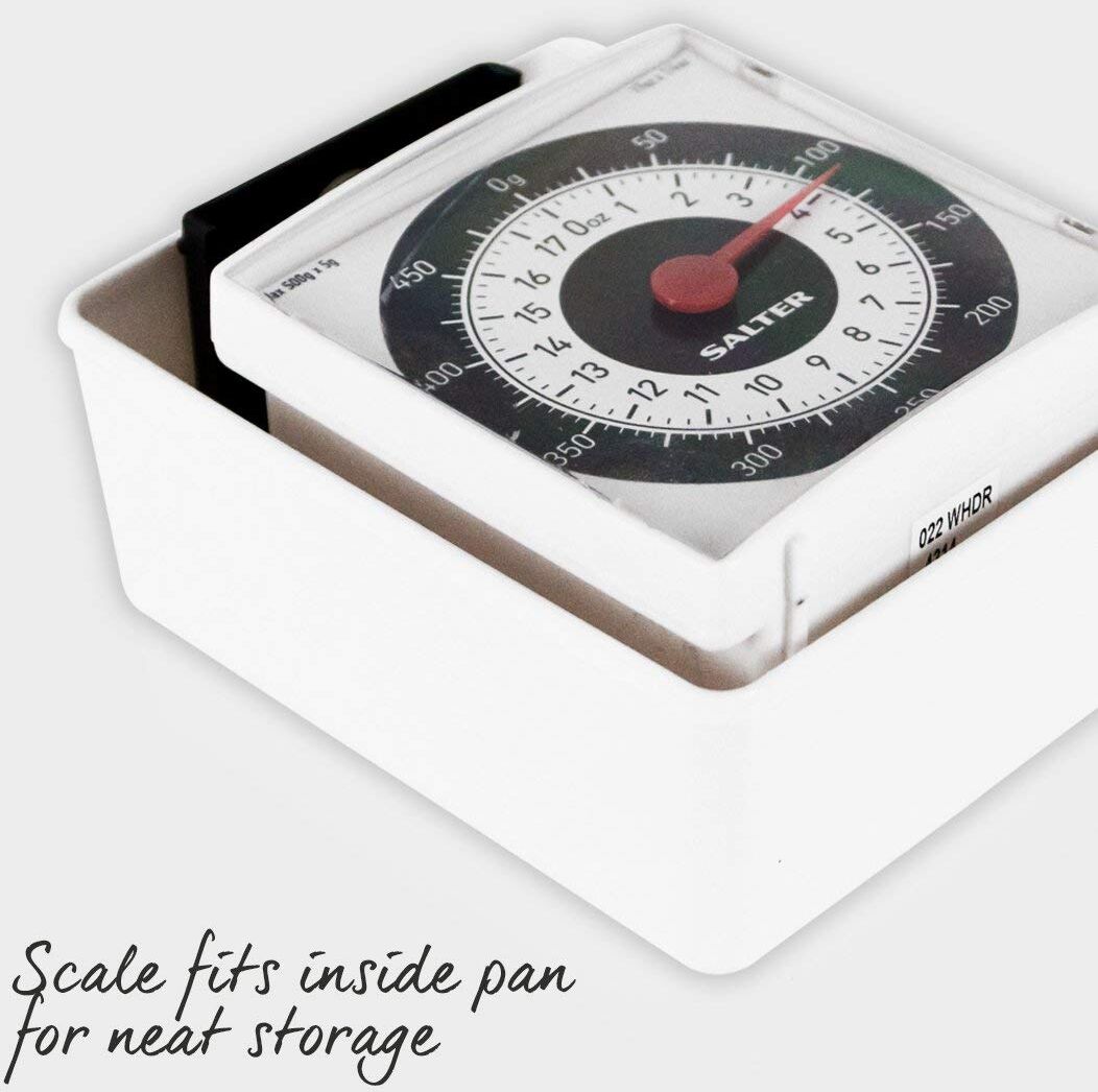Salter 022 WHDR Dietary Mechanical Kitchen Scale - Compact, Battery-Free, 500g Capacity, 5g Increments, Large Dial, White, 15-Year Guarantee