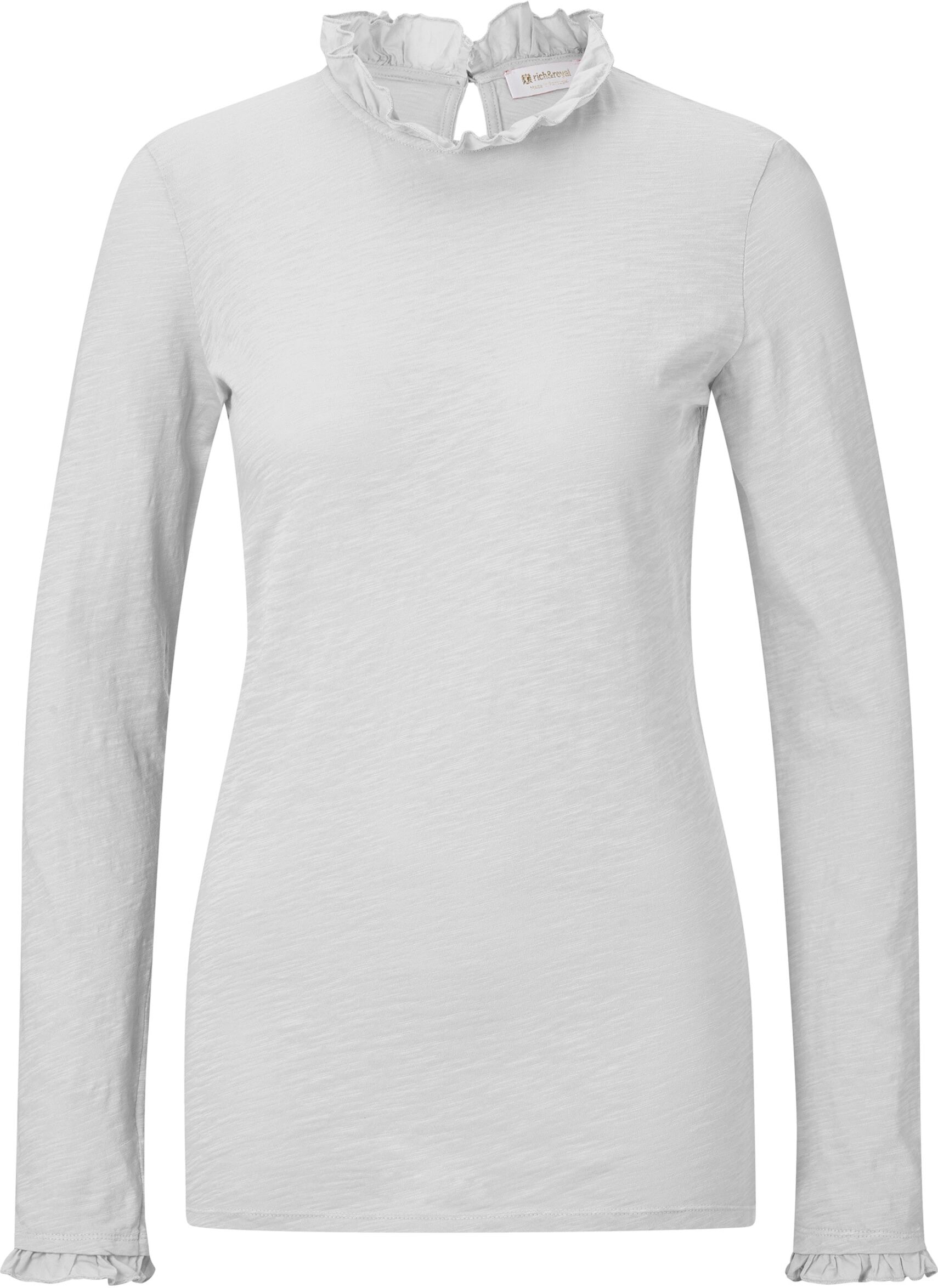 Langarmshirt RICHROYAL "2409 O Slub F LS", Damen, Gr. XS, weiss (weiß), Single Jersey, Obermaterial: 100% Baumwolle, Shirts Langarmshirt, mit Rüschenkante an Ausschnitt und Ärmelsaum weiß XS