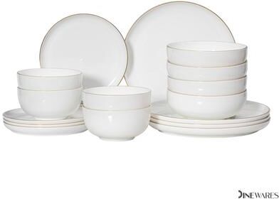 Dinewares Perlaceo Luxurious Collection of White with Gold Rim Bone China Dinnerware Set - Lightweight and Durable - Service for 4 or 8