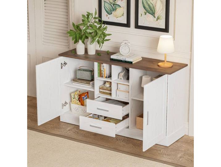 Buffet 2 portes 2 tiroirs 4 niches meuble de rangement avec fermeture douce décor bois blanc et brun 140x40x79 5 cm
