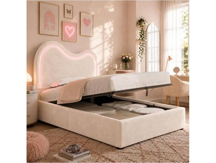 WUVRIE Lit coffre hydraulique enfant 90 x 200 cm sommier inclus velours beige tête de lit LED