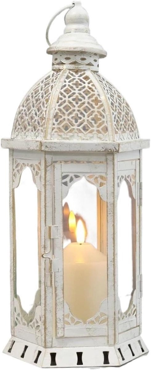 Decoratieve metalen kaarslantaarn in vintage design - Wit - Hoogte: 38 cm