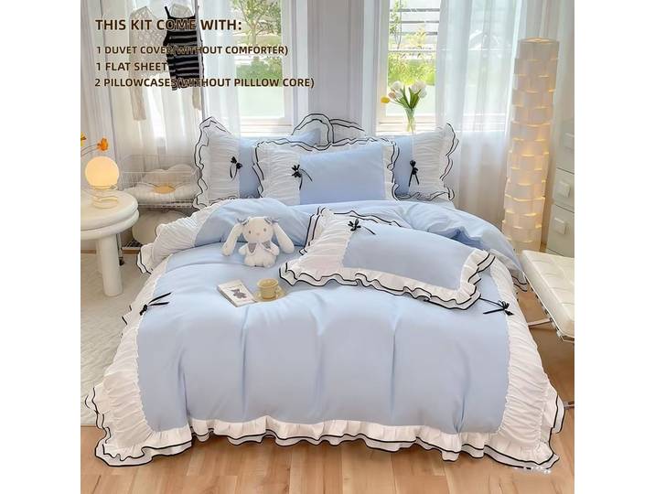 Ensemble de housse de couette avec nœud bleu, 4 pièces (1 * housse de couette + 2 * taie d'oreiller + 1 drap plat), ensemble de literie doux et confortable