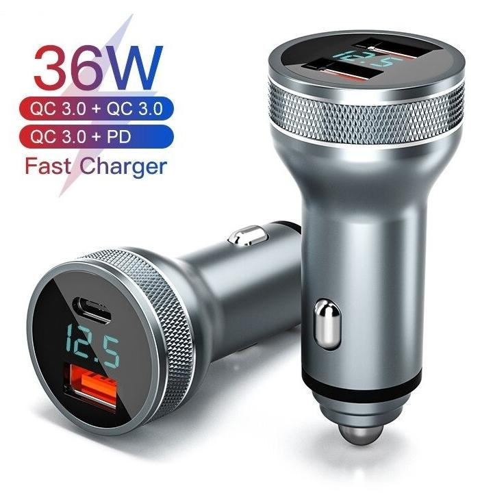 DrPhone Invisible4 Autolader - QC3.0 3A/9V + USB C met PD 18W Snel Opladen - 36W met Digitale Display - Zilver