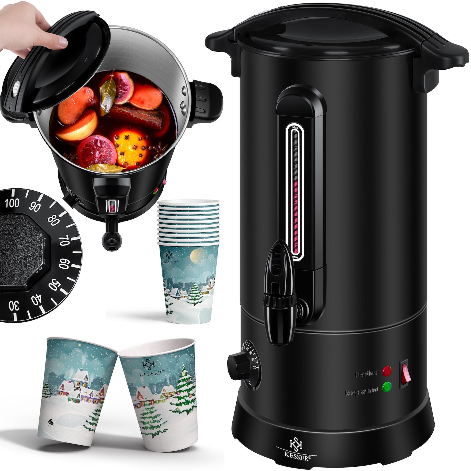 KESSER® Glühweinkessel 10L Edelstahl Inkl. 10x Becher Glühweinkocher mit Thermostat Glühweinautomat Heißgetränkeautomat Wasserkocher Heißwasserspender Einkochautomat Füllstandanzeige Zapfhahn