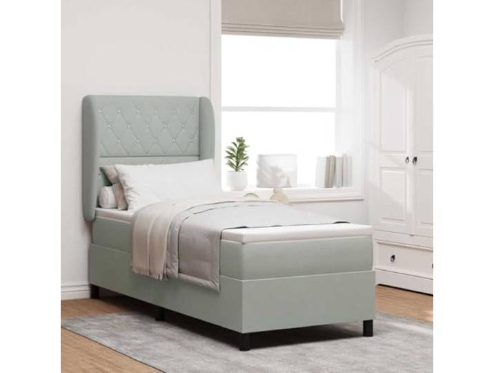 Polyester Modernes Boxspringbett mit Matratze Hellgrau 200 x 80 cm Boxspringbett mit Matratze Hellgrau 200x80 cm Polyester Einzelbett mit verstellbarem Kopfteil und Taschenfederkernmatratze