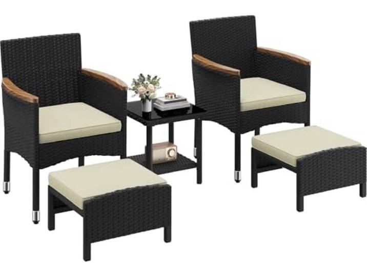 Yaheetech 5er Set Rattan Gartenmöbel Balkonmöbel Terassenmöbel Außen mit 2 Einzelsofas & 2 Fußhocker & 1 Kaffeetisch, Schwarz & Beige