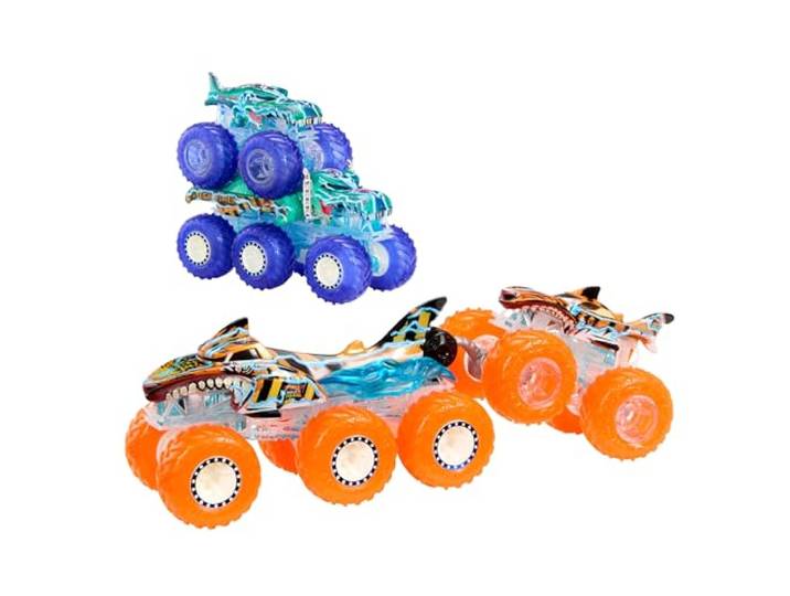 Hot Wheels Monstertrucks, Speelgoedvrachwagen en oplegger, set, schaal 1:64, Mega-Wrex en Tiger Shark en hun opleggers met bijpassende Powerkrakers decoraties, HYJ29
