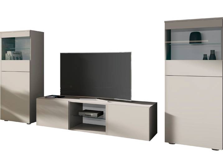 Wohnwand BORCHARDT MÖBEL Scala, Mediawand 3-teilig mit 2 Vitrinen und Lowboard , beige (kaschmir), Mit Push to open, Kastenmöbel-Sets, Wohnwand, Mit Griffen oder Push-to-open-Systemen, Fronten matt oder glänzend