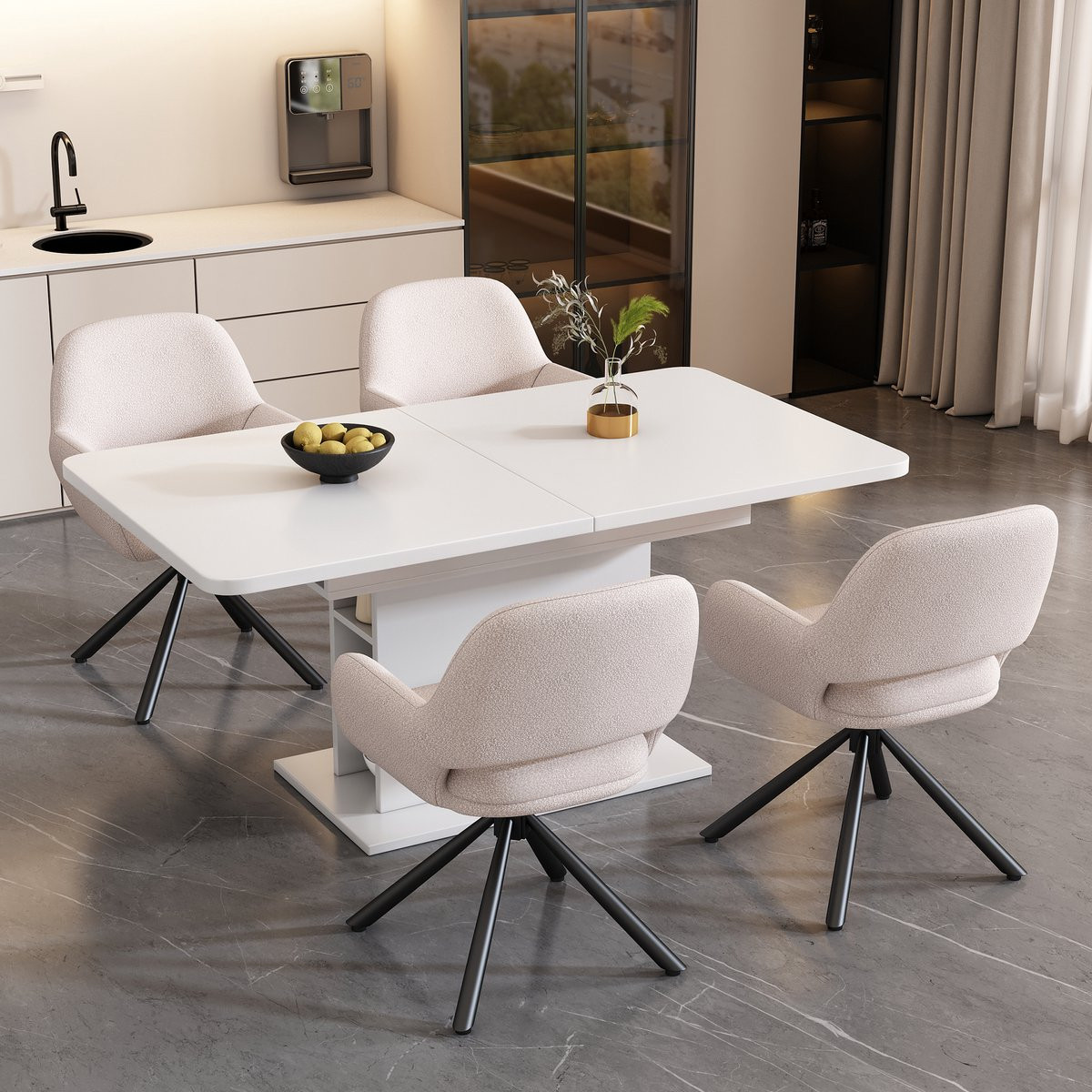 MODFU Set Tafel en Stoelen - Uitschuifbare Rechthoekige Eettafel met Opbergruimte - Wit