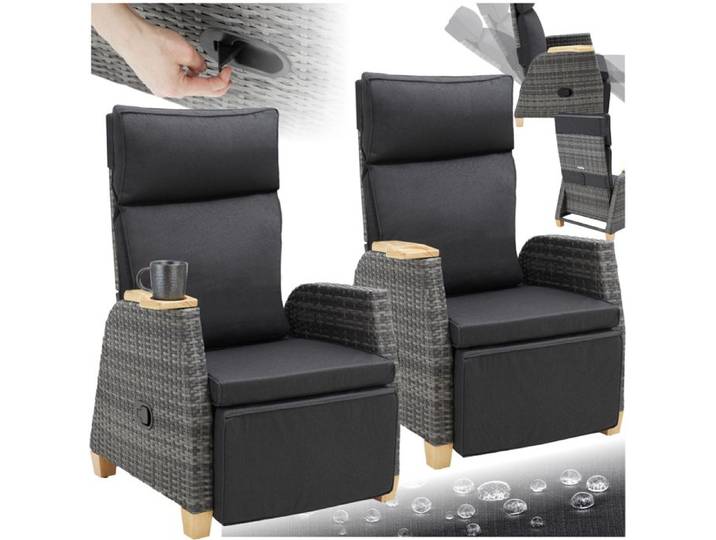 Fauteuil - TECTAKE - Fauteuil en polyrotin PESCARA dossier et repose-pieds réglables rembourrage épais - Gris