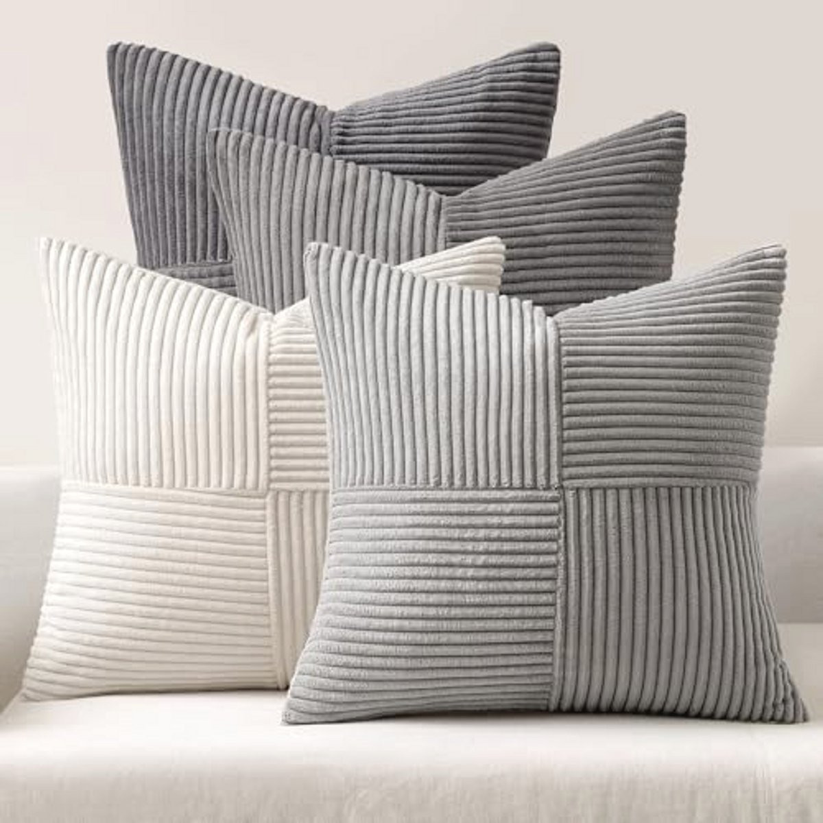 Set van 4 donkergrijze geribbelde fluwelen kussenslopen, 45 x 45 cm