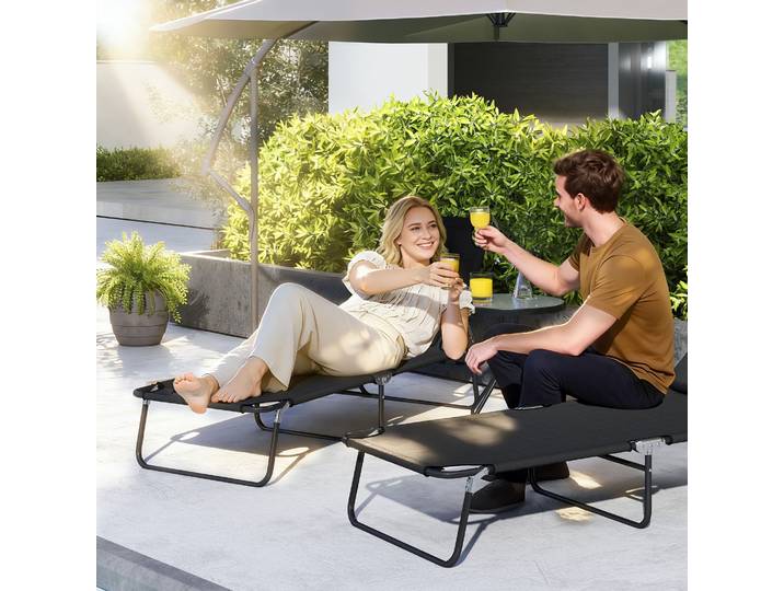 Outsunny Transat Noir Pliable 4 Pos. + 3 Coussins Inclus