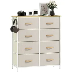 OKWISH Kommode 86x30x95 cm mit 8 Stoffschubladen und Taschen, Stahlgestell mit Kippsicherung, Holzoptik Ablage, Beige
