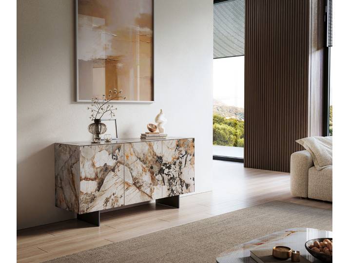 Sideboard Cuor 150 cm Keramik Patagonia Poliert 3 Türen Fuß Schwebeoptik Metall Schwarz, Sideboards