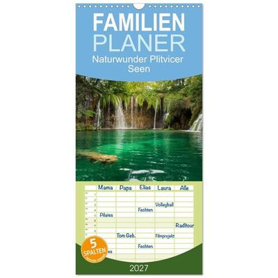 Familienplaner 2027 - Naturwunder Plitvicer Seen mit 5 Spalten (Wandkalender, 21 x 45 cm) CALVENDO