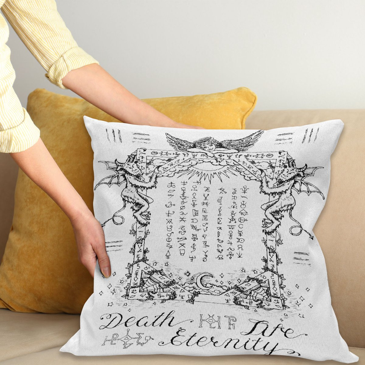 ABAKUHAUS Boheems Sierkussenhoes Gothic Medieval Magic en Spell Eternal Leven Chart, Wit en Zwart, 65 x 65 cm