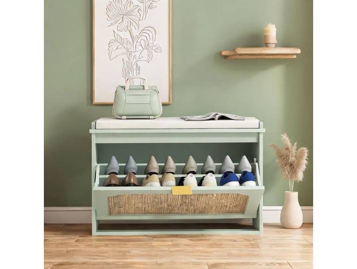 Banc à chaussures 80 cm style bohème en bois d'ingénierie vert et rotin