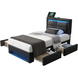 Polsterbett 90x190 cm mit USB-Anschlüssen, LED-Beleuchtung und Stauraum – modernes Design in Schwarz, vier Schubladen