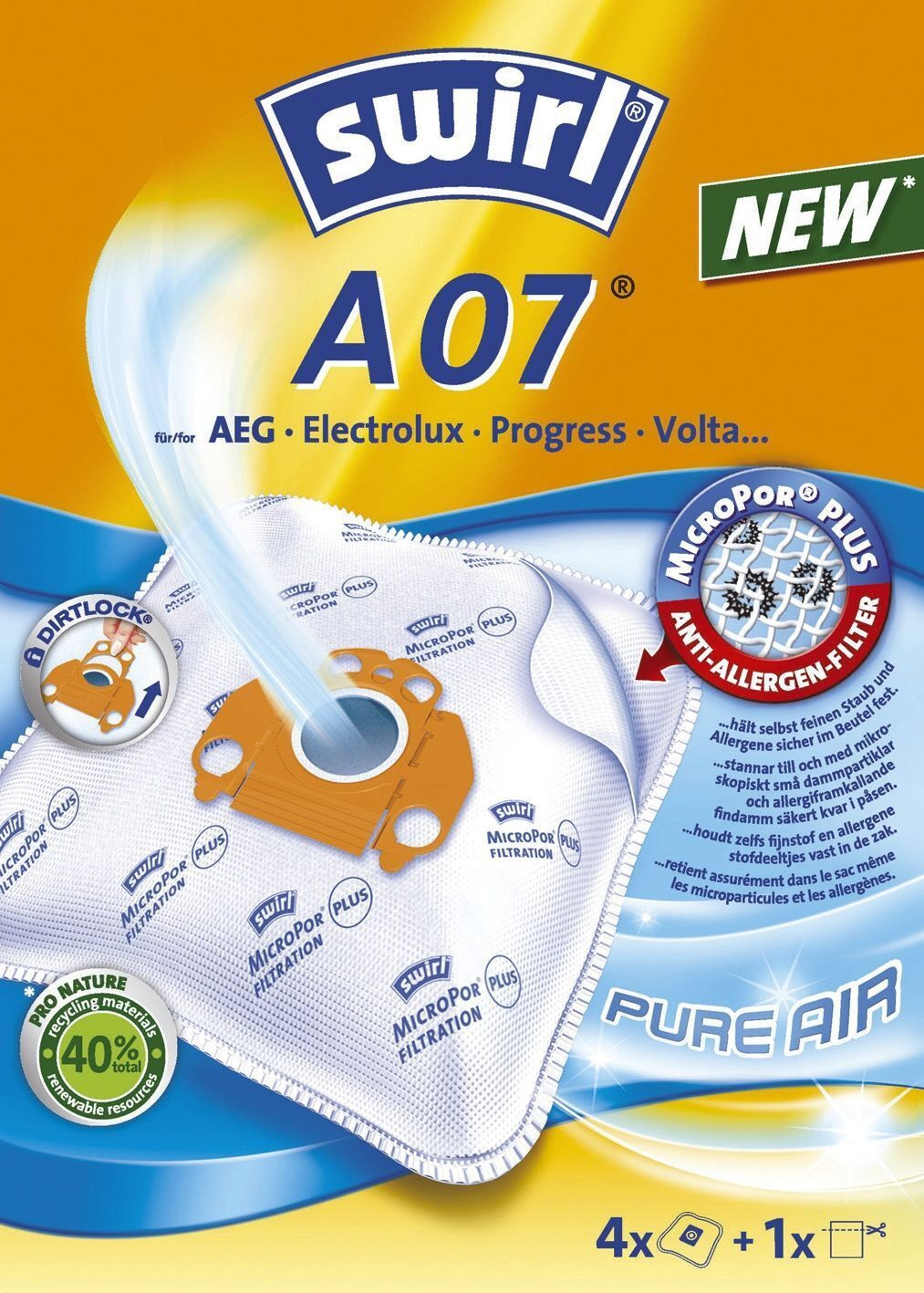 Swirl A07 MicroPor Plus stofzuigerzakken met anti-allergeenfilter, 4 stuks, wit