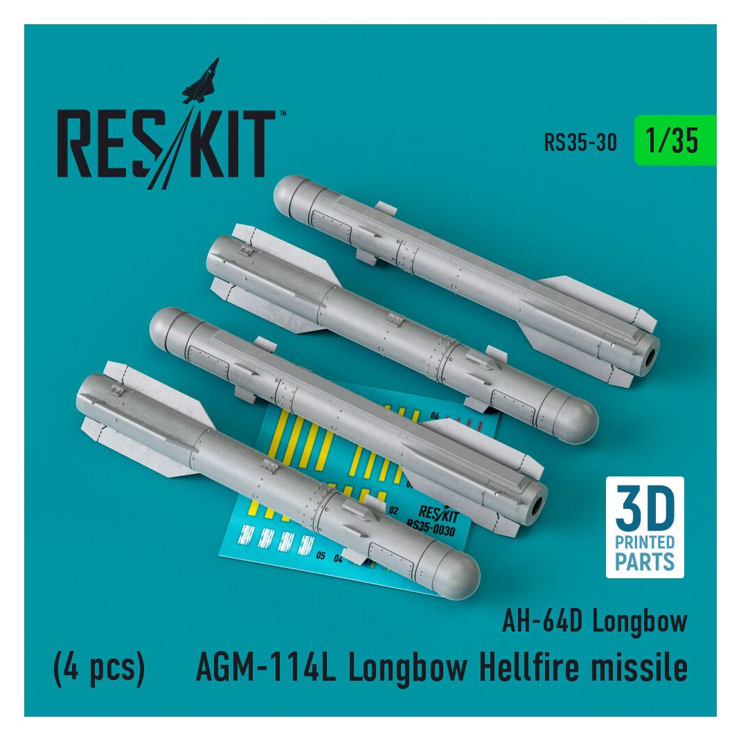ResKit AGM-114L Longbow Hellfire missiles (4 pcs)(AH-64D Longbow) (3D Printed) (RS35-0030)