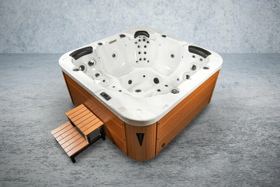 PureHaven Outdoor-Whirlpool 215x215 cm für 5 Personen mit 53 Massagedüsen Heizung Farblicht und Thermoabdeckung UV-Wasseraufbereitung 2 Liegeflächen