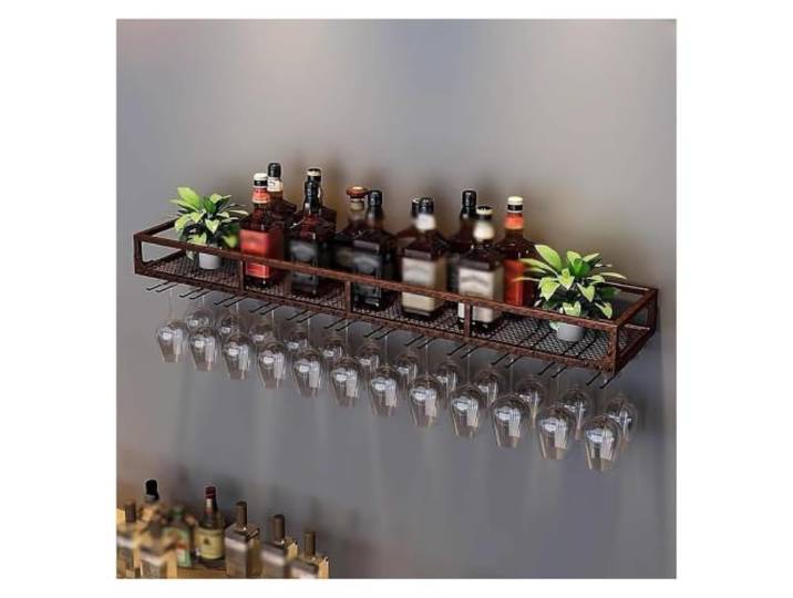 Failjierue Wandmontiertes Bar-Weinlager-Präsentationsregal mit Glashalter Weinflaschenhalter aus Metall, hängendes Weinglasregal für Küche, Esszimmer(Brown,100x25x16cm)