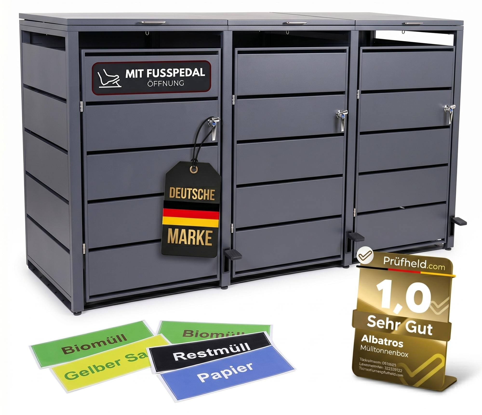 Mülltonnenbox 3er mit Pedal, 120L bis 240L, für drei Tonnen, Metallverkleidung aus verzinktem Stahl, Anthrazit Grau RAL7016