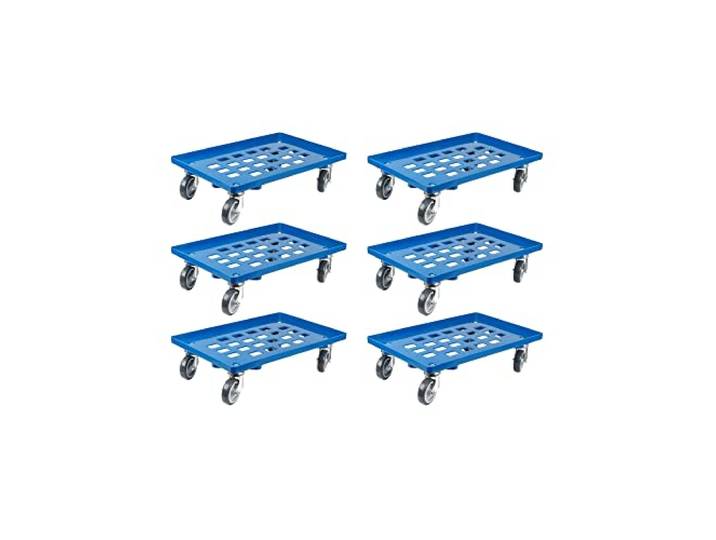 SparSet 6x Transportroller für Euroboxen 60x40cm mit Gummiräder blau Gitter/Rasterdeck 2 Lenkrollen & 2 Bremsrollen Traglast 300kg Kistenroller Logistikroller Rollwagen Profi-Fahrgestell