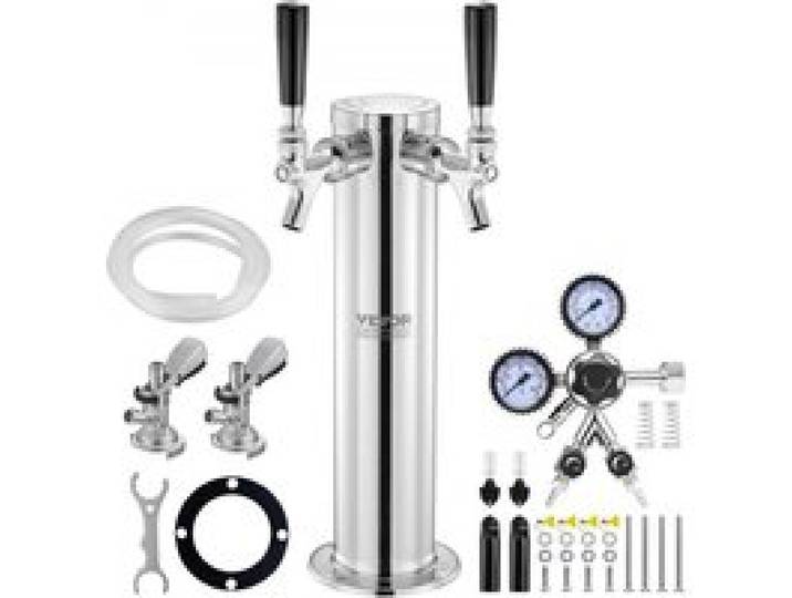 VEVOR Kegerator-Turm-Kit, Bier-Umrüstsatz mit zwei Zapfhähnen, Bier-Turmspender aus Edelstahl mit Doppelmessgerät W21.8-Regler und A-System-Fasskupplung, Bier-Tropfschale für Partys zu Hause